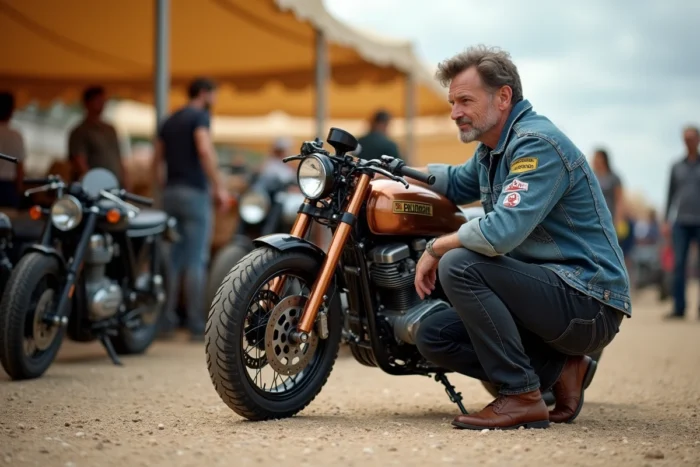 Passionné de moto inspectant une café racer vintage au show bike de Montalivet avec des détails cuivrés