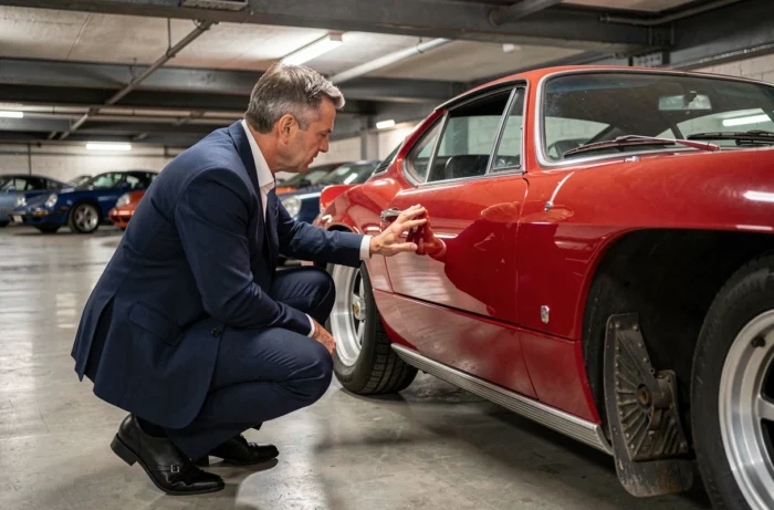 Passionné d'automobile admirant une voiture de collection italienne dans un garage privé souterrain