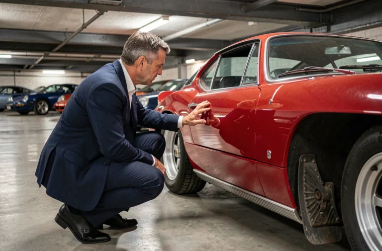 Passionné d'automobile admirant une voiture de collection italienne dans un garage privé souterrain