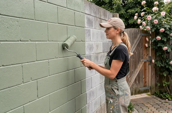 Application de peinture extérieure microporeuse sur un mur en parpaing dans un jardin résidentiel