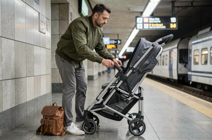 Père pliant une poussette compacte légère sur un quai de gare lors d'un trajet en transports en commun