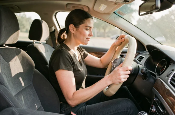 Femme personnalisant l'intérieur de sa voiture avec un volant en cuir crème cousu main