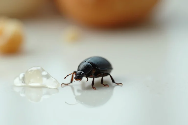 Gros plan macro d'un petit insecte noir rond sur un plan de travail blanc de cuisine