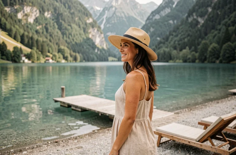 Femme profitant d'une plage privée au bord du lac d'Annecy avec vue sur les montagnes alpines