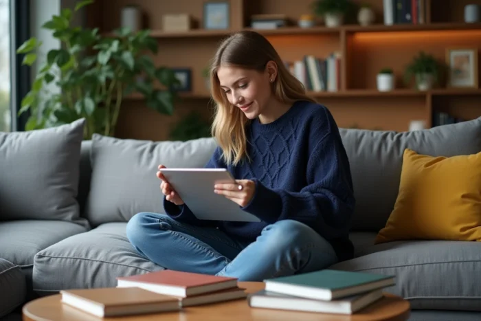 Jeune femme comparant des livres auto-édités et utilisant une plateforme d'impression en ligne sur tablette