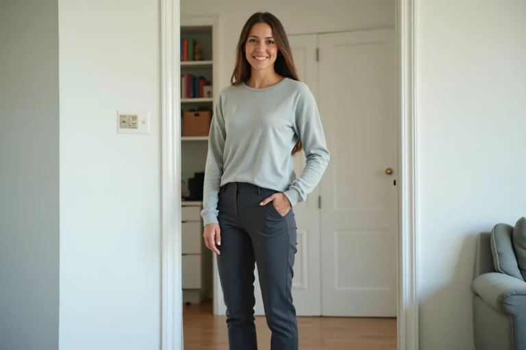 Grande femme debout à côté d'un cadre de porte standard montrant sa taille exceptionnelle dans un appartement moderne
