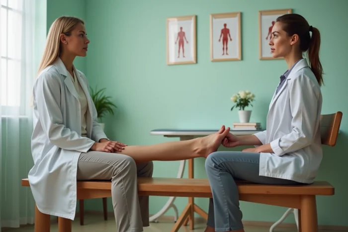 Femme de très grande taille en consultation médicale assise avec un professionnel de santé dans un cabinet clinique