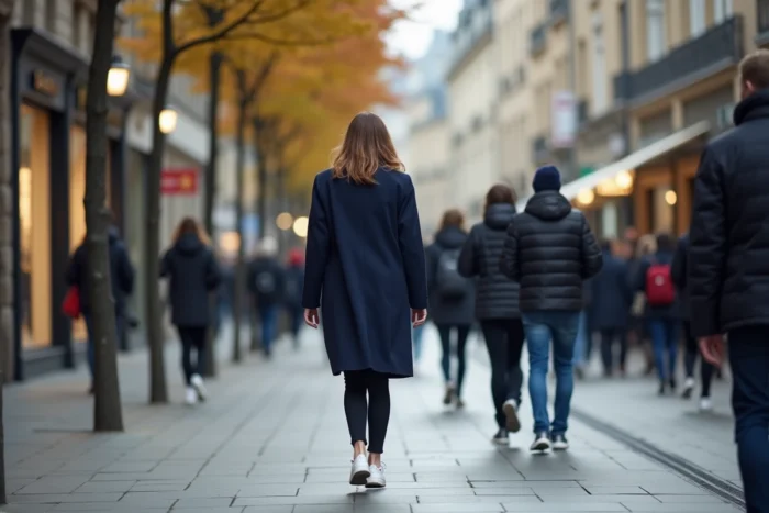Femme de grande taille marchant dans une rue piétonne animée entourée de passants de taille moyenne