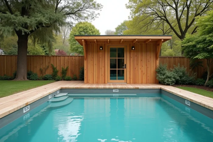 Pool house compact en ossature bois adjacent à une piscine hors sol dans un jardin résidentiel