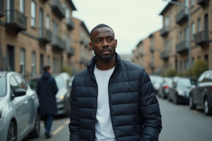 Portrait environnemental d'un homme d'origine est-africaine dans une rue résidentielle urbaine, illustrant la sphère privée et l'espace public
