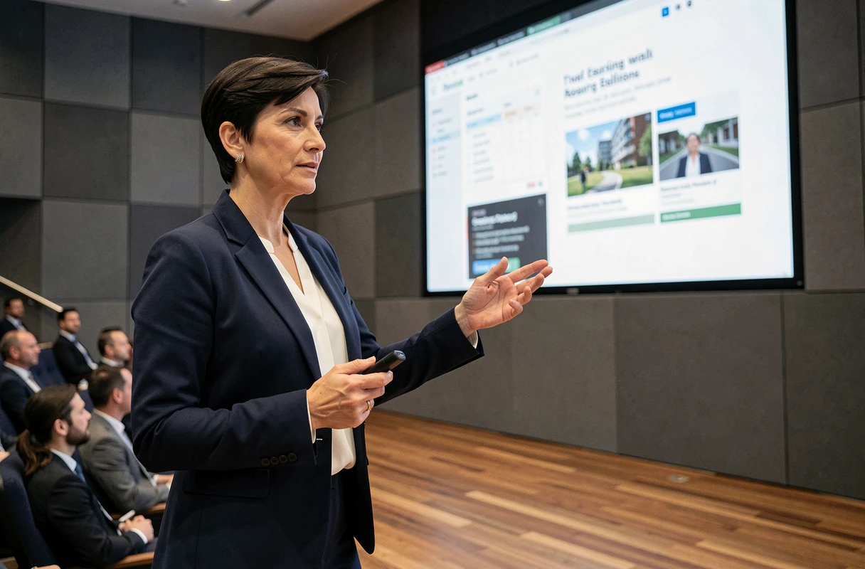 Femme cadre présentant une stratégie de communication externe devant un écran numérique dans un auditorium d'entreprise