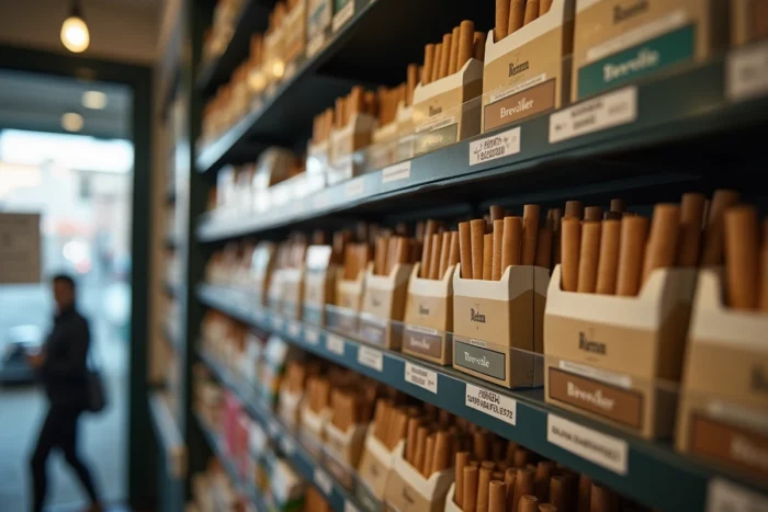 Présentoir de paquets de cigarettes en paquet neutre dans un bureau de tabac français