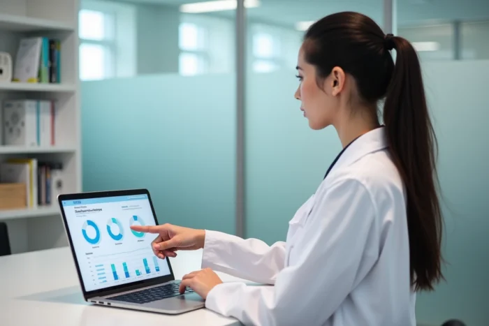 Professionnelle de santé présentant les fonctionnalités et tarifs d'une application diabète et insuline sur ordinateur