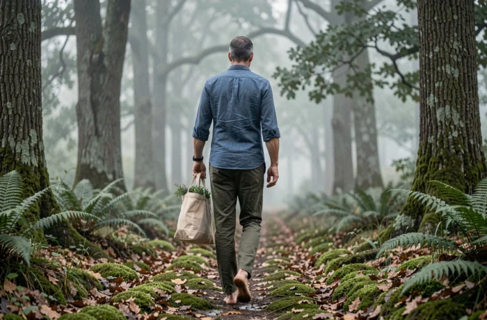 Homme se promenant en forêt pour se ressourcer naturellement et améliorer son bien-être