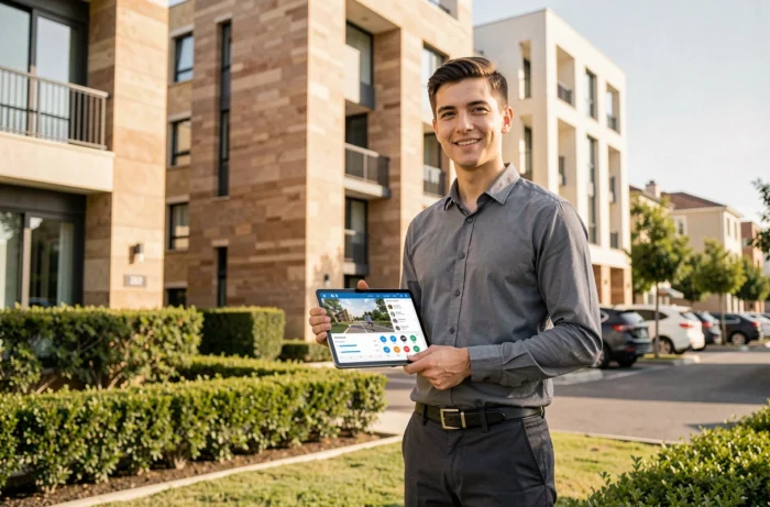 Promoteur immobilier présentant une solution de visite virtuelle et de communication digitale sur tablette devant un immeuble résidentiel