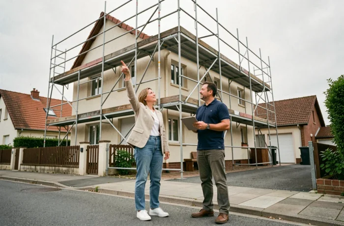 Propriétaire discutant avec un entrepreneur devant une maison entourée d'un échafaudage de location