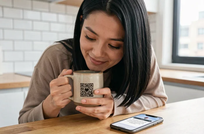 Une femme scanne un QR code personnel imprimé sur un mug en céramique qui révèle un message d'amour sur son téléphone