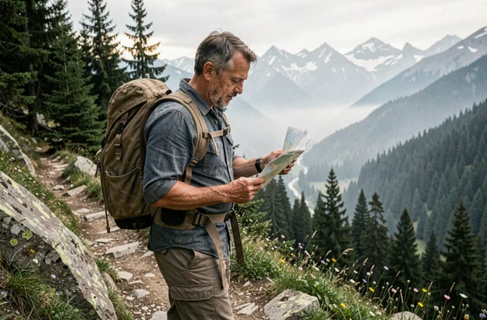 Randonneur d'âge moyen consultant une carte papier sur un sentier de montagne avec paysage alpin en arrière-plan