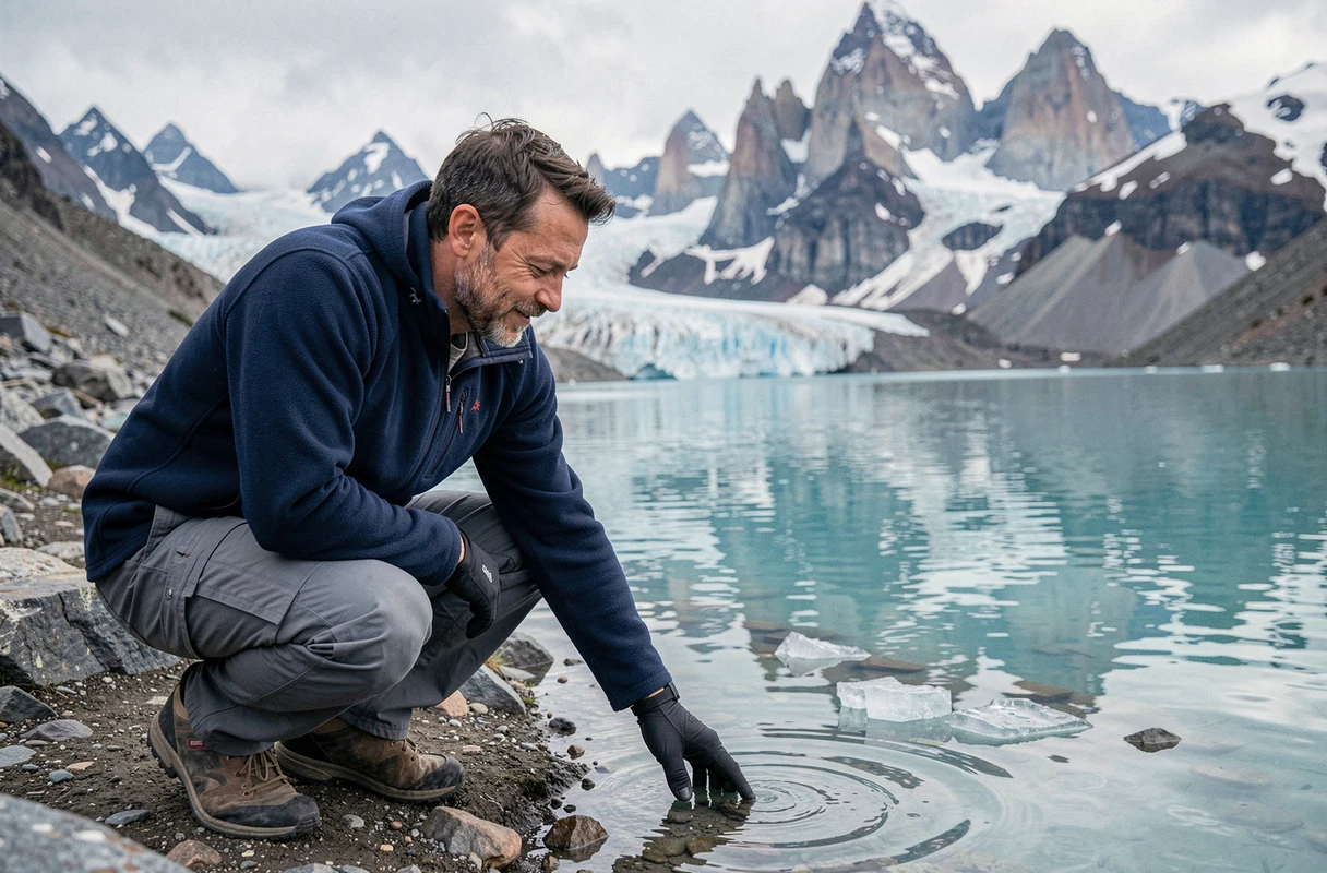 Randonneur au bord d'un lac glaciaire turquoise dans le parc Los Glaciares en Patagonie argentine, août
