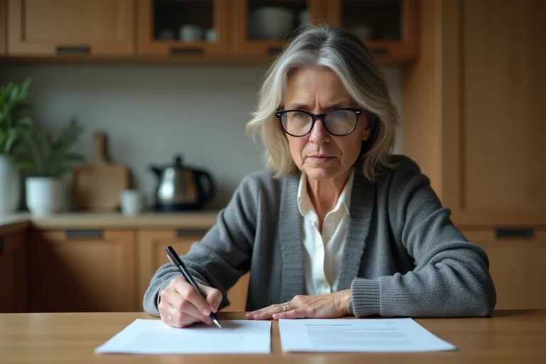 Femme rédigeant une lettre de licenciement CESU à la main à une table de cuisine, entourée de documents officiels