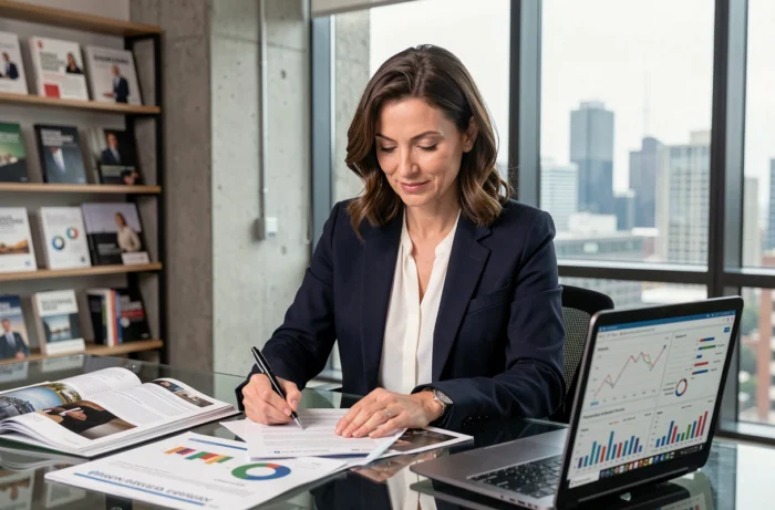Rédactrice en chef d'un magazine business analysant des tendances de marché dans un bureau éditorial moderne