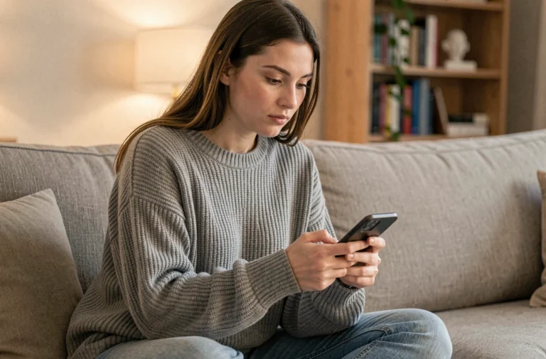 Jeune femme consultant anonymement des stories Instagram sur son smartphone depuis son canapé
