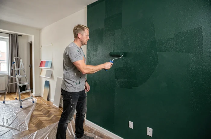 Homme en train de peindre un mur d'accent vert forêt dans un appartement en rénovation avec parquet et échelle