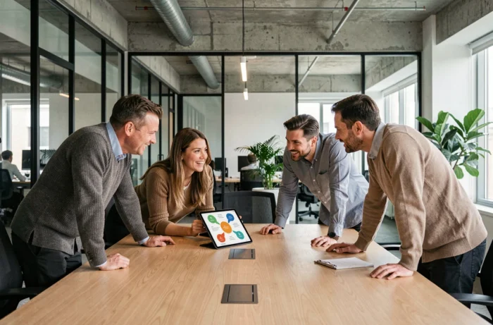 Équipe de professionnels en réunion autour d'une table de conférence moderne pour optimiser la communication interne en entreprise