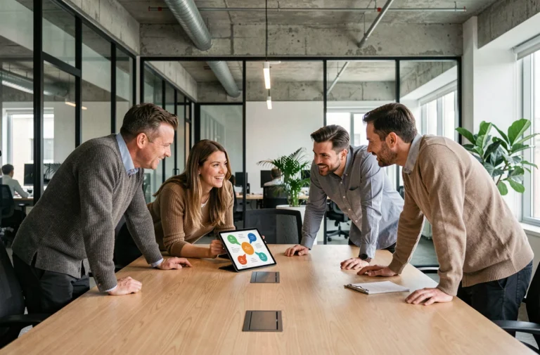 Équipe de professionnels en réunion autour d'une table de conférence moderne pour optimiser la communication interne en entreprise