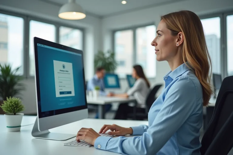 Salariée Cooperl accédant à son espace personnel sur le portail web depuis un ordinateur de bureau au bureau