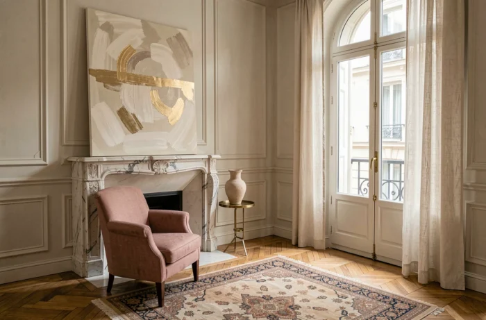 Salon parisien élégant avec art contemporain abstrait au-dessus d'une cheminée en marbre, fauteuil en lin rose poudré et parquet en chevrons dans un appartement haussmannien
