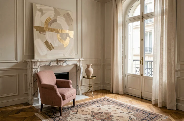 Salon parisien élégant avec art contemporain abstrait au-dessus d'une cheminée en marbre, fauteuil en lin rose poudré et parquet en chevrons dans un appartement haussmannien