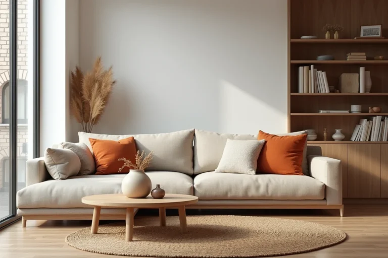 Salon moderne de style scandinave avec canapé en lin beige, coussins terracotta et table basse en chêne, décoration intérieure tendance
