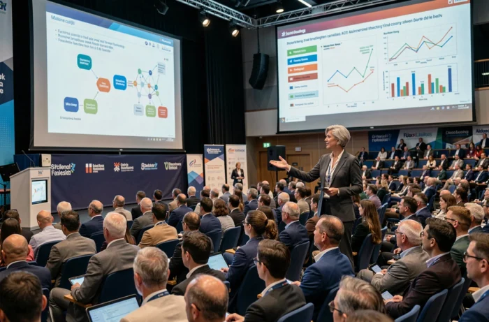 Scientifique en intelligence artificielle reconnue mondialement présentant ses recherches lors d'une conférence internationale sur l'IA devant un grand public