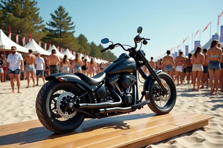 Moto custom exposée au show bike de Montalivet 2026 entourée de vacanciers admiratifs en bord de mer