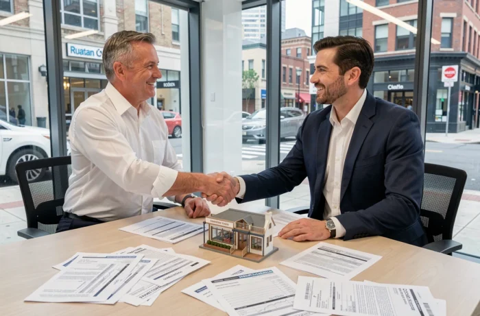 Signature d'un bail commercial entre un chef d'entreprise et un agent immobilier dans une salle de réunion moderne