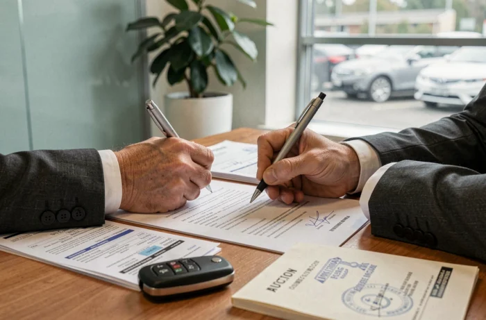 Signature des documents d'achat lors d'une acquisition de voiture aux enchères