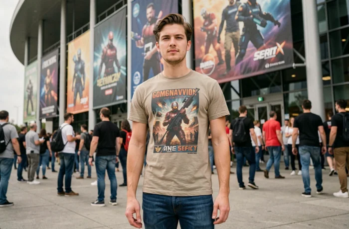 Streamer gaming français en extérieur devant un centre de convention lors d'un événement esport, regard naturel et détendu