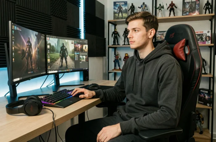 Skyrroz, streamer français, assis devant son setup gaming avec double écran et clavier RGB dans son home studio