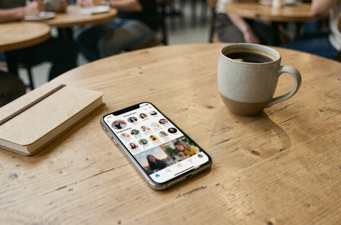 Smartphone affichant des stories Instagram sur une table de café avec carnet et café, illustrant la navigation anonyme