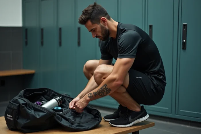 Sportif préparant son équipement sportif dans un vestiaire avant l'entraînement