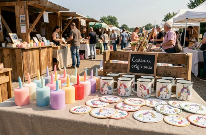 Stand de marché artisanal présentant des cadeaux originaux sur le thème de la licorne incluant bougies pastel et mugs émaillés
