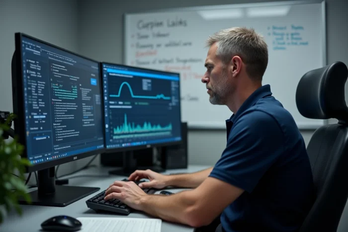 Professionnel analysant des graphiques de bande passante internet et de vitesse réseau sur deux écrans dans un bureau d'entreprise
