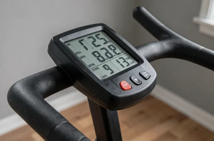 Gros plan sur le tableau de bord numérique d'un vélo d'appartement affichant vitesse et calories