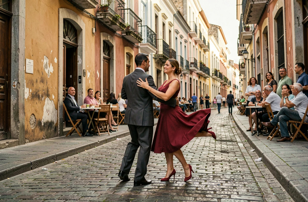 Couple de danseurs de tango dans les rues pavées de San Telmo à Buenos Aires en août, ambiance culturelle argentine authentique