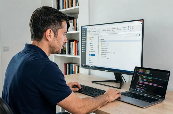 Technicien informatique examinant les dossiers système cachés de Windows 10 dont le dossier esd sur un grand moniteur de bureau