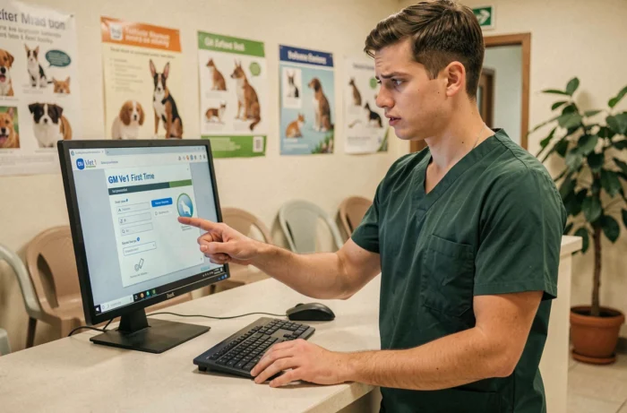 Technicien vétérinaire configurant pour la première fois le logiciel GM Vet 1 à l'accueil d'une clinique animale