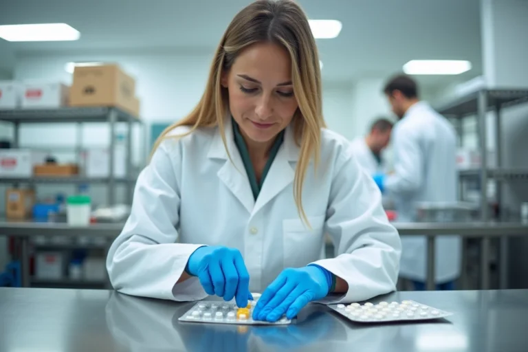 Technicienne pharmaceutique scellant des plaquettes thermoformées de médicaments dans une usine d'emballage moderne