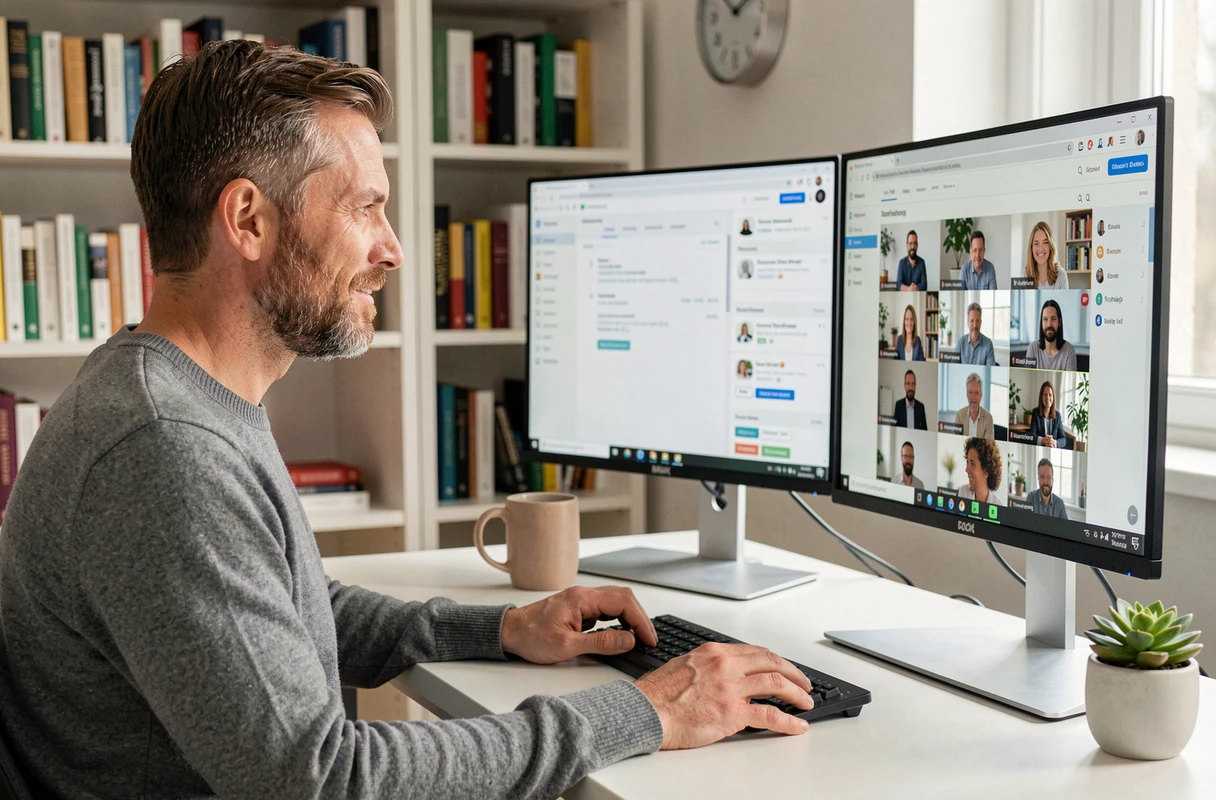 Professionnel en télétravail gérant la communication interne et externe via visioconférence et outils numériques depuis son bureau à domicile