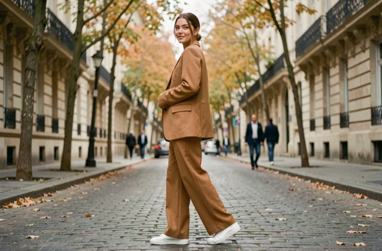 Femme portant un blazer camel oversize et un pantalon large dans une rue pavée parisienne en automne, tendance mode actuelle